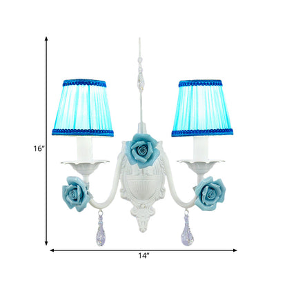 Vivolux | Witte 1/2-hoofd Wandlamp Romantische Pastorale Stof Kegel Wandverlichting met Duidelijke Kristal Draperie
