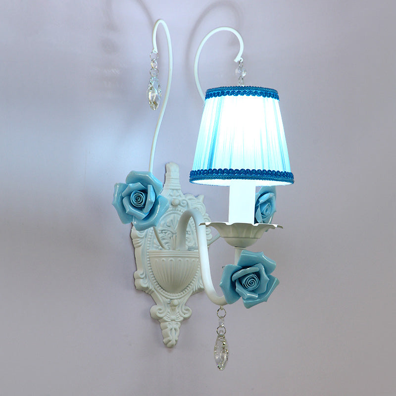 Vivolux | Witte 1/2-hoofd Wandlamp Romantische Pastorale Stof Kegel Wandverlichting met Duidelijke Kristal Draperie