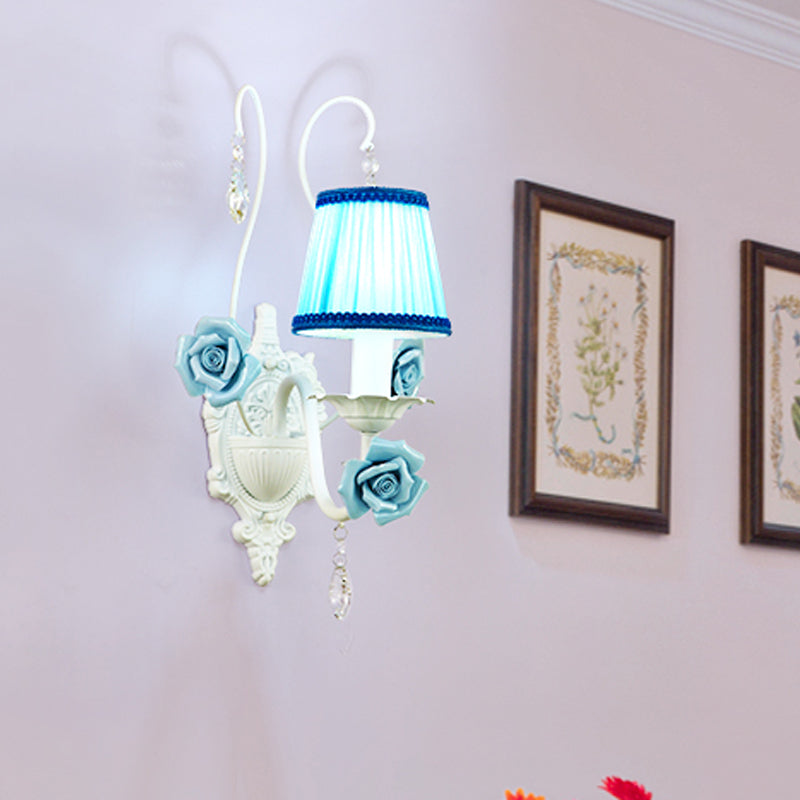 Vivolux | Witte 1/2-hoofd Wandlamp Romantische Pastorale Stof Kegel Wandverlichting met Duidelijke Kristal Draperie