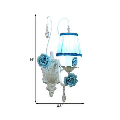 Vivolux | Witte 1/2-hoofd Wandlamp Romantische Pastorale Stof Kegel Wandverlichting met Duidelijke Kristal Draperie