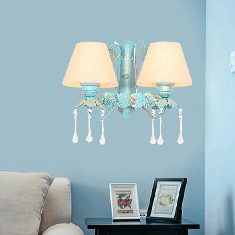 Vivolux | Stoff Blau Wandmontierte Lampe Konisch 1/2-Licht Landhausstil Wandlampe mit Klarem Glas Tropfen