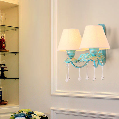 Vivolux | Stoff Blau Wandmontierte Lampe Konisch 1/2-Licht Landhausstil Wandlampe mit Klarem Glas Tropfen