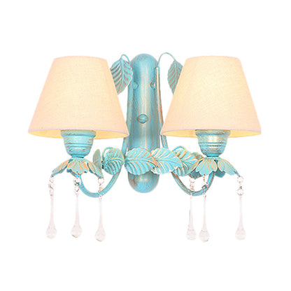 Vivolux | Stoff Blau Wandmontierte Lampe Konisch 1/2-Licht Landhausstil Wandlampe mit Klarem Glas Tropfen