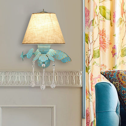 Vivolux | Stoff Blau Wandmontierte Lampe Konisch 1/2-Licht Landhausstil Wandlampe mit Klarem Glas Tropfen