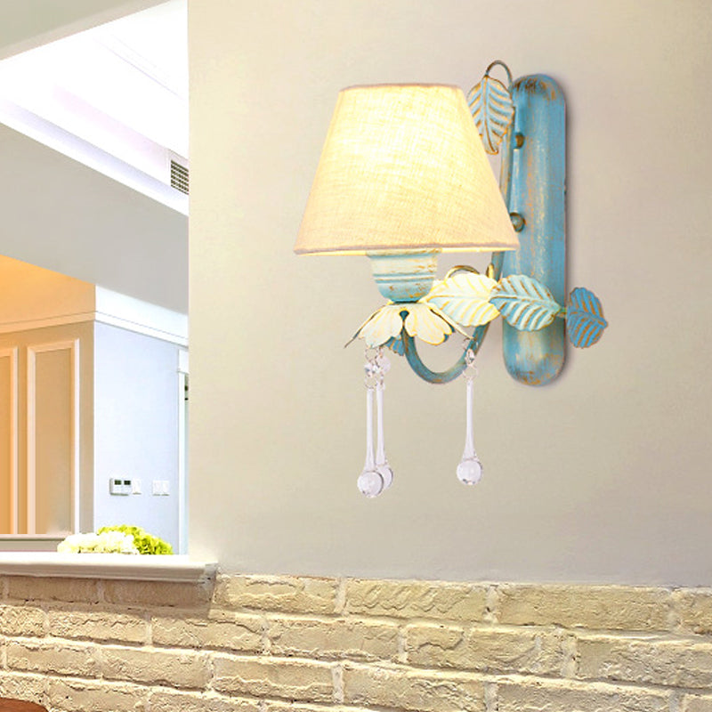 Vivolux | Stoff Blau Wandmontierte Lampe Konisch 1/2-Licht Landhausstil Wandlampe mit Klarem Glas Tropfen