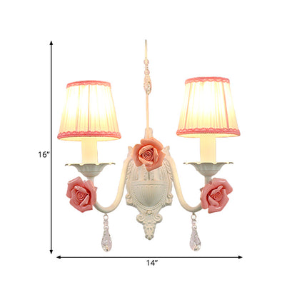 Vivolux | 1/2-Kopf Stoff Wandleuchte Koreanische Blume Weiße Faltenabdeckung Wohnzimmer Wandlampe mit Kristallhänger