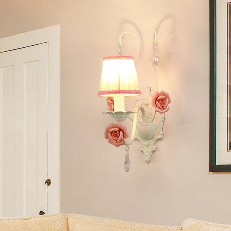 Vivolux | 1/2-Kopf Stoff Wandleuchte Koreanische Blume Weiße Faltenabdeckung Wohnzimmer Wandlampe mit Kristallhänger