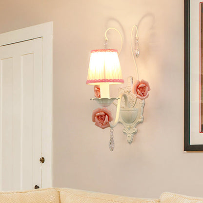 Vivolux | 1/2-Kopf Stoff Wandleuchte Koreanische Blume Weiße Faltenabdeckung Wohnzimmer Wandlampe mit Kristallhänger