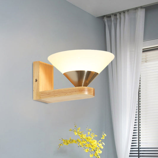 Vivolux | 1 Glühbirne Nachttisch Wandschalter Modern Holz und Nickel Wandleuchte mit Kegel Weiße Glas-Schirm