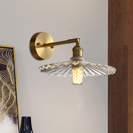 Vivolux | 1 Kopf Nachttisch Wandleuchte Einfache Messing Wandmontierte Lampe mit gewelltem klarem Glasschirm