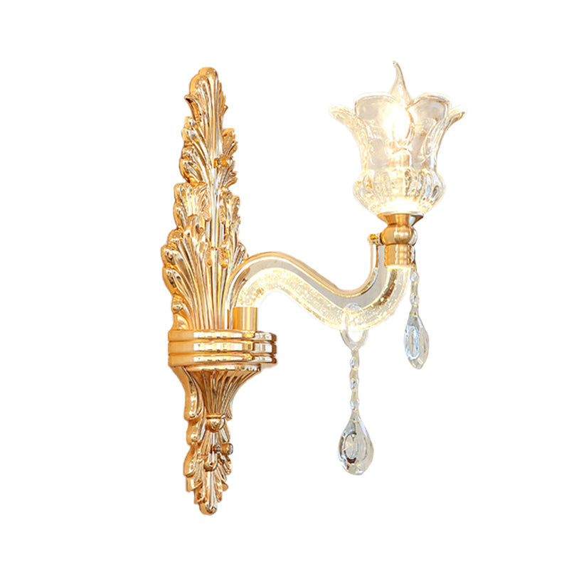 Vivolux | Klar Glas Gold Wandleuchte Blume 1/2-Birne Traditionelle Wandmontierte Lampe mit Blasenkrystal Leuchtendem Arm