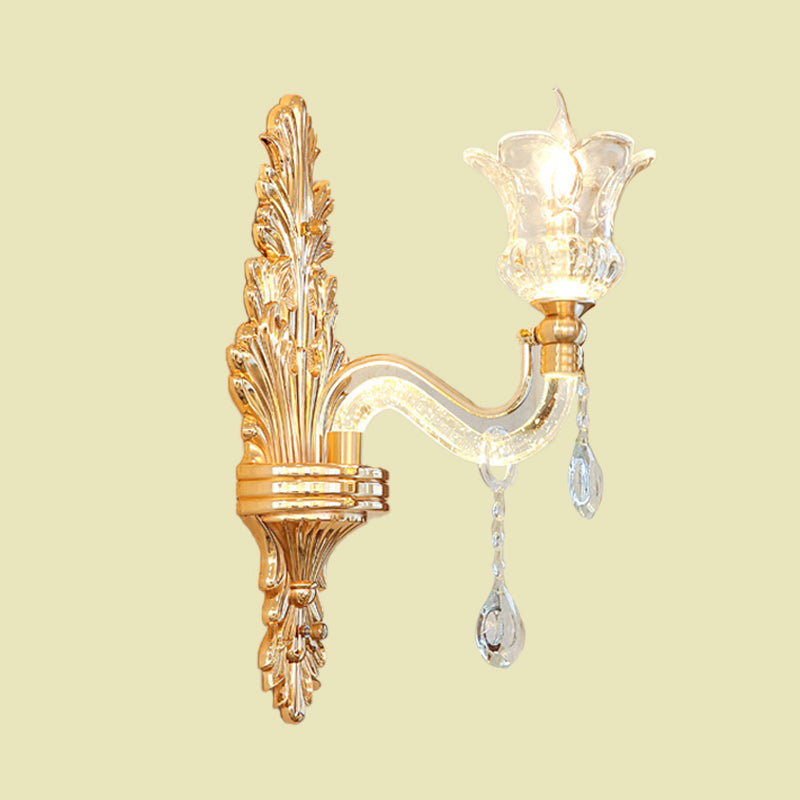 Vivolux | Klar Glas Gold Wandleuchte Blume 1/2-Birne Traditionelle Wandmontierte Lampe mit Blasenkrystal Leuchtendem Arm