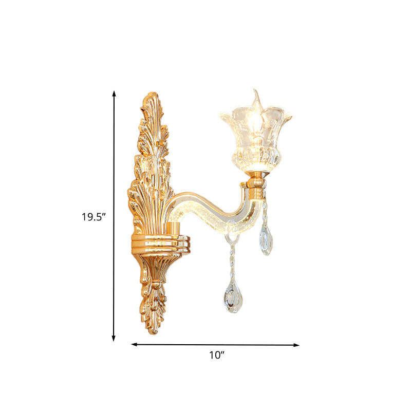 Vivolux | Klar Glas Gold Wandleuchte Blume 1/2-Birne Traditionelle Wandmontierte Lampe mit Blasenkrystal Leuchtendem Arm