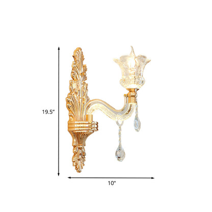 Vivolux | Klar Glas Gold Wandleuchte Blume 1/2-Birne Traditionelle Wandmontierte Lampe mit Blasenkrystal Leuchtendem Arm