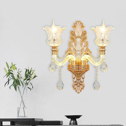 Vivolux | Klar Glas Gold Wandleuchte Blume 1/2-Birne Traditionelle Wandmontierte Lampe mit Blasenkrystal Leuchtendem Arm