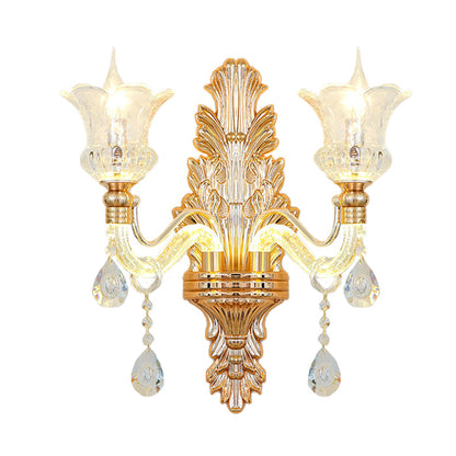 Vivolux | Klar Glas Gold Wandleuchte Blume 1/2-Birne Traditionelle Wandmontierte Lampe mit Blasenkrystal Leuchtendem Arm