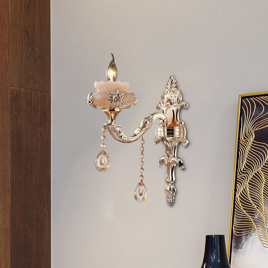 Vivolux | 1/2-Kopf K9 Kristall Wandleuchte Traditionelle Gold Kerze Korridor Wandbeleuchtung mit Jade Unterteller