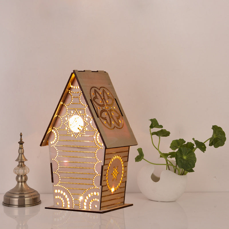 Vivolux | Braun Lodge Kleine Nachtlicht Kinder Holz USB LED Tischbeleuchtung mit Ausschnitten Liebe Herz/Stern/Blumenmuster