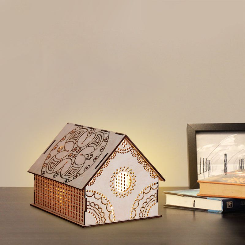 Vivolux | Kids Cottage Mini Nachtlicht Holz Schlafzimmer LED Nachttischlampe in Braun mit skulptiertem Blumen/Stern/Liebesherz-Design