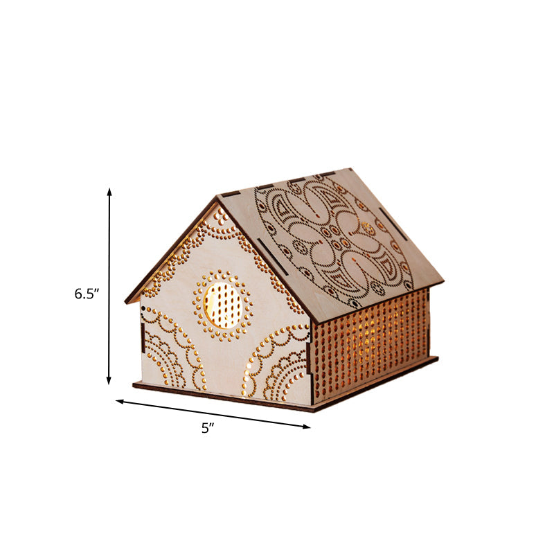 Vivolux | Kids Cottage Mini Nachtlicht Holz Schlafzimmer LED Nachttischlampe in Braun mit skulptiertem Blumen/Stern/Liebesherz-Design