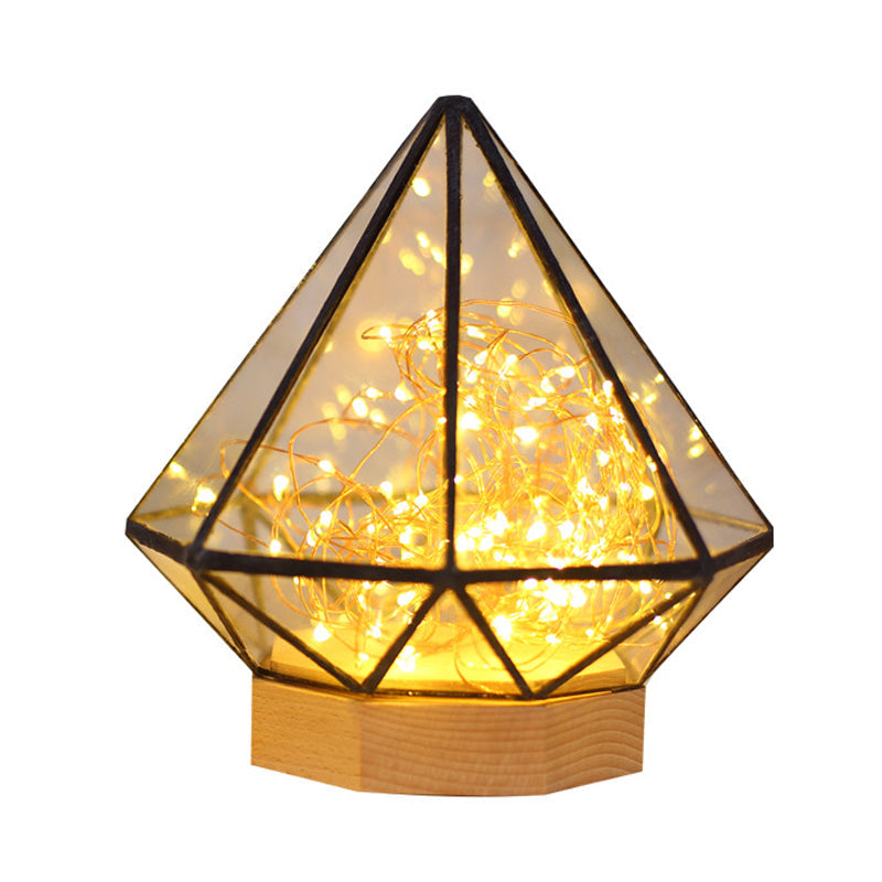Vivolux | Kinder Diamant Nachtlampe Transparent Glas Schlafzimmer LED Tischbeleuchtung in Holz mit Cartoon-Prozess und Leucht-Schnur innen