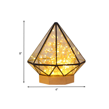 Vivolux | Kinder Diamant Nachtlampe Transparent Glas Schlafzimmer LED Tischbeleuchtung in Holz mit Cartoon-Prozess und Leucht-Schnur innen