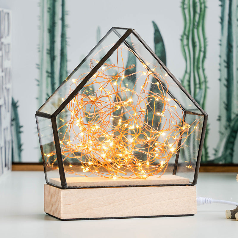Vivolux | Glas Mini Haus Nachttischlampe Kinder Holz Integrierte LED Tischlampe mit innerem Bär und Schnurdekoration