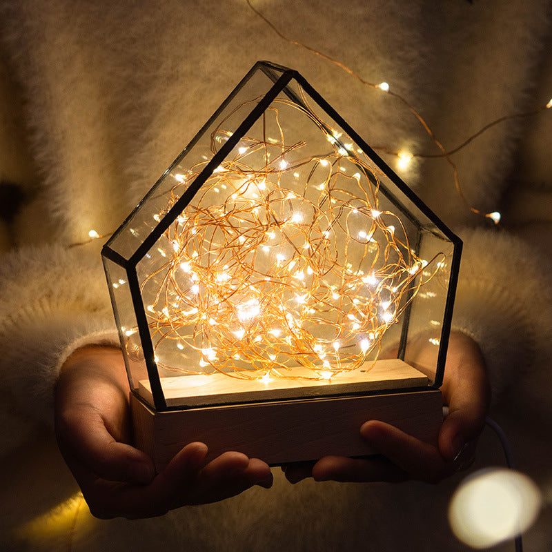 Vivolux | Glas Mini Haus Nachttischlampe Kinder Holz Integrierte LED Tischlampe mit innerem Bär und Schnurdekoration