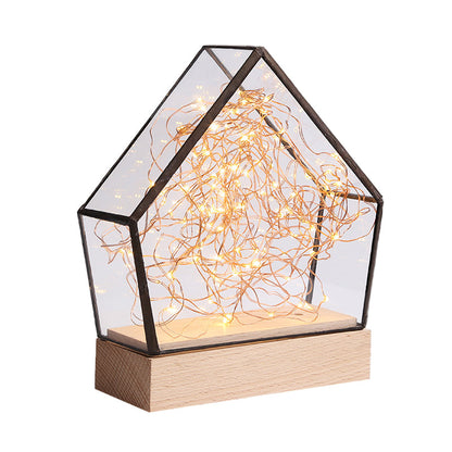 Vivolux | Glas Mini Haus Nachttischlampe Kinder Holz Integrierte LED Tischlampe mit innerem Bär und Schnurdekoration
