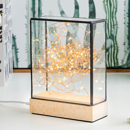 Vivolux | Kids Squared Klare Glazen Nachtlamp USB Oplaadbare LED Tafelverlichting in Hout met Interieur Roze Beer en Snoer