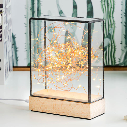 Vivolux | Kids Squared Klare Glazen Nachtlamp USB Oplaadbare LED Tafelverlichting in Hout met Interieur Roze Beer en Snoer