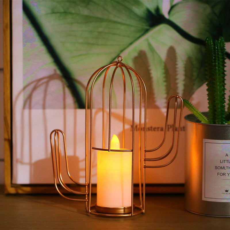 Vivolux | Kerzenstil Tischlampe Kinder Eisen Goldene LED Nachttischbeleuchtung mit Dreieck/Kaktus Käfig