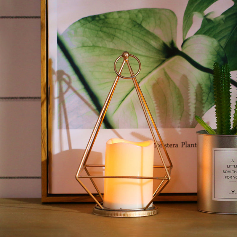 Vivolux | Kids Batterij Aangedreven LED Nachtlamp Gouden Diamant/Driehoek/Hexpagoon Tafellicht met IJzeren Kooi en Binnenkaars Schaduw