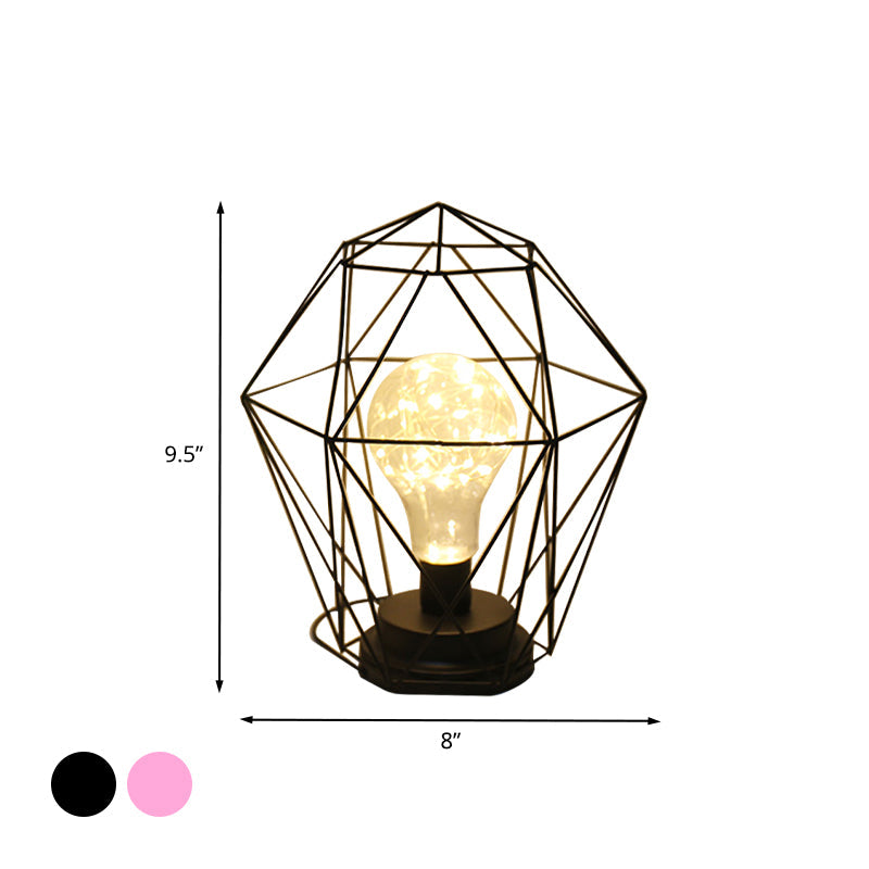 Vivolux | Macaron Diamant/Geometrische Nachtkastlamp ijzeren meisjeskamer LED tafellicht in zwart/roze met gloeidraad van binnen