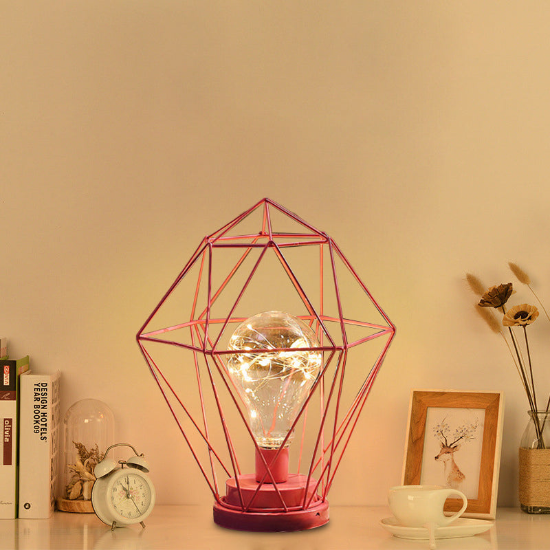 Vivolux | Macaron Diamant/Geometrische Nachtkastlamp ijzeren meisjeskamer LED tafellicht in zwart/roze met gloeidraad van binnen