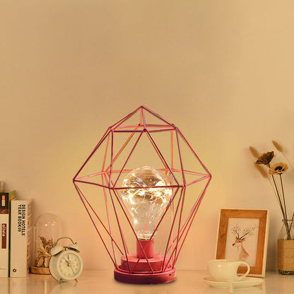 Vivolux | Macaron Diamant/Geometrische Nachtkastlamp ijzeren meisjeskamer LED tafellicht in zwart/roze met gloeidraad van binnen