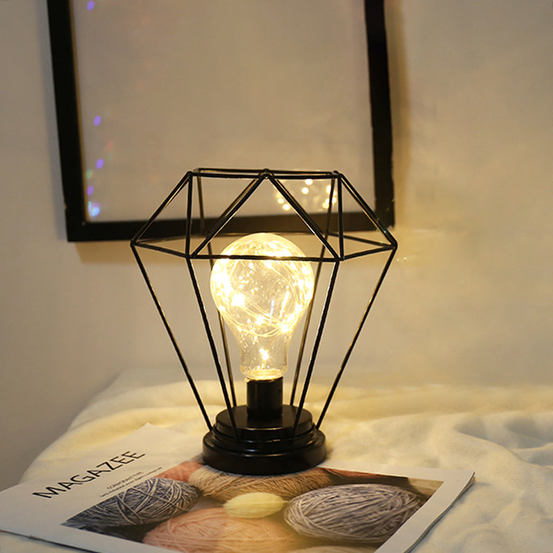 Vivolux | Macaron Diamant/Geometrische Nachtkastlamp ijzeren meisjeskamer LED tafellicht in zwart/roze met gloeidraad van binnen