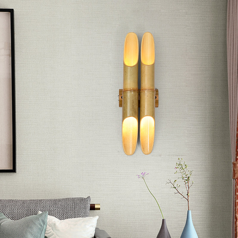Vivolux | 4 Lichten Thee Kamer Wand Sconce Verlichting Aziatisch Beige Op-Onder Wandlamp met Dubbele Bar Bamboe Schaduw