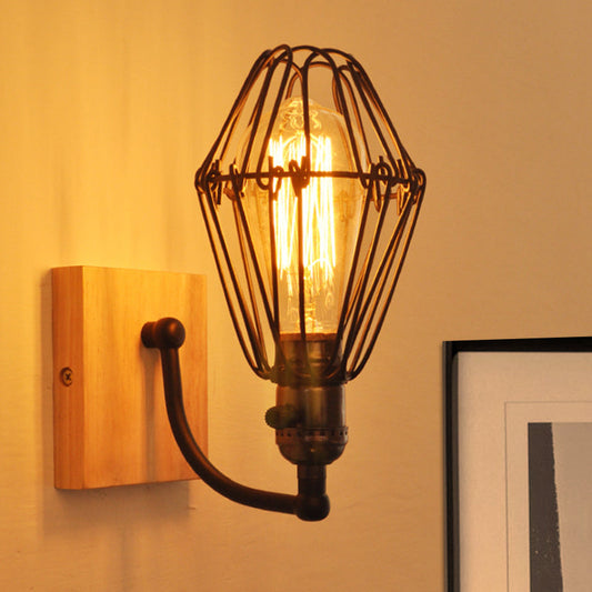 Vivolux | 1 Glühbirne Wandbeleuchtung Antik Stil Käfig Schmiedeeisen Wandlampe mit Holz-Rückwand in Schwarz