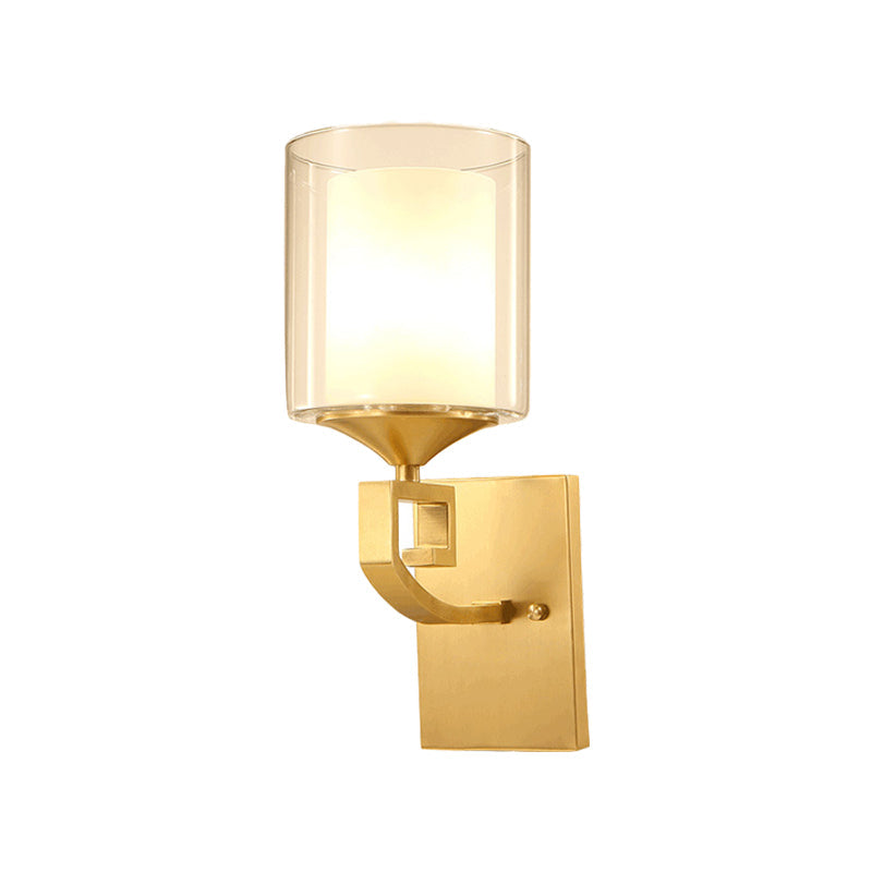 Vivolux | 1-licht wandlamp armatuur koloniale stijl 2-laags cilindrische heldere en opale glas wandverlichting in messing