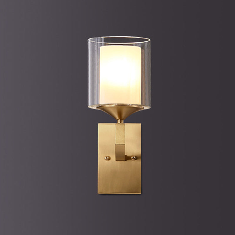 Vivolux | 1-licht wandlamp armatuur koloniale stijl 2-laags cilindrische heldere en opale glas wandverlichting in messing
