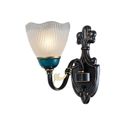 Vivolux | Country Twisted Arm Wandlamp 1/2-Kop Metalen Sconce Lamp in Zwart en Blauw met Dome Frosted Ribbed Glas Shade
