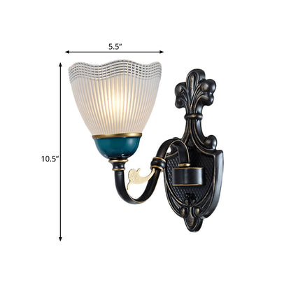 Vivolux | Country Twisted Arm Wandlamp 1/2-Kop Metalen Sconce Lamp in Zwart en Blauw met Dome Frosted Ribbed Glas Shade