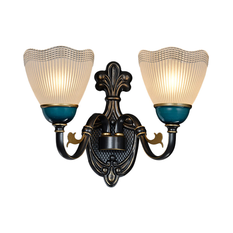 Vivolux | Country Twisted Arm Wandlamp 1/2-Kop Metalen Sconce Lamp in Zwart en Blauw met Dome Frosted Ribbed Glas Shade