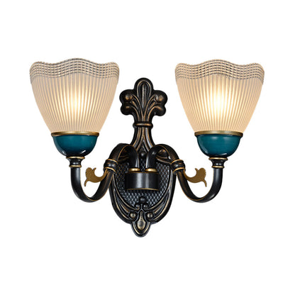 Vivolux | Country Twisted Arm Wandlamp 1/2-Kop Metalen Sconce Lamp in Zwart en Blauw met Dome Frosted Ribbed Glas Shade