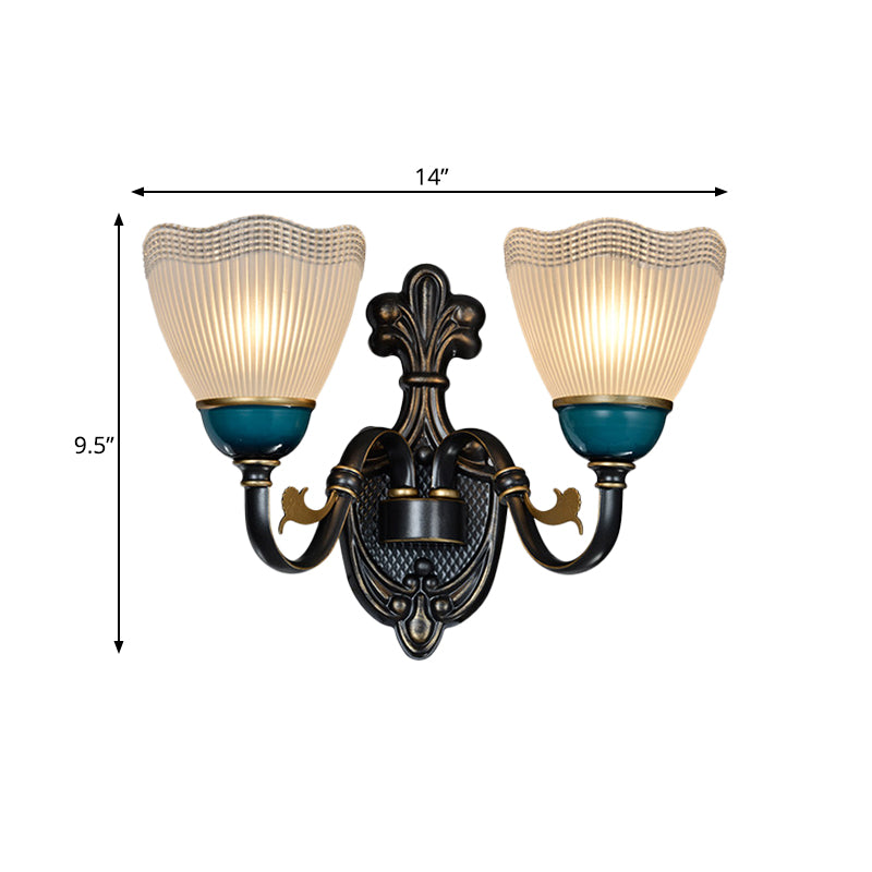 Vivolux | Country Twisted Arm Wandlamp 1/2-Kop Metalen Sconce Lamp in Zwart en Blauw met Dome Frosted Ribbed Glas Shade