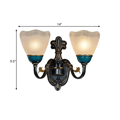 Vivolux | Country Twisted Arm Wandlamp 1/2-Kop Metalen Sconce Lamp in Zwart en Blauw met Dome Frosted Ribbed Glas Shade