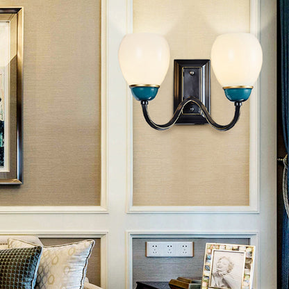 Vivolux | 1/2-Head Globe Wandlamp Fixture Plattelands Zwart en Blauw Opal Glas Wandlicht Sconces met Gebogen Arm