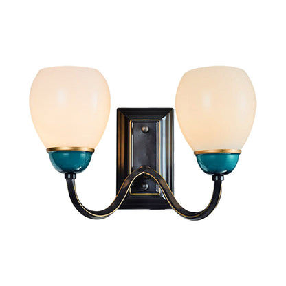 Vivolux | 1/2-Head Globe Wandlamp Fixture Plattelands Zwart en Blauw Opal Glas Wandlicht Sconces met Gebogen Arm