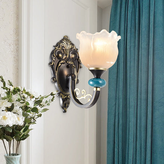Vivolux | Klar gerippter Glas Schwarze Wandleuchte Blume 1/2 Glühbirnen Landhaus Wandmontierte Lampe mit gebogenem Arm